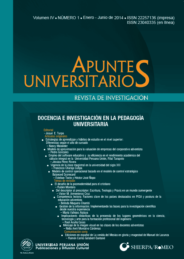 					View Vol. 4 No. 1 (2014): Revista de Investigación Apuntes Universitarios
				