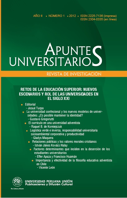 					View Vol. 2 No. 1 (2012): Revista de Investigación Apuntes Universitarios
				